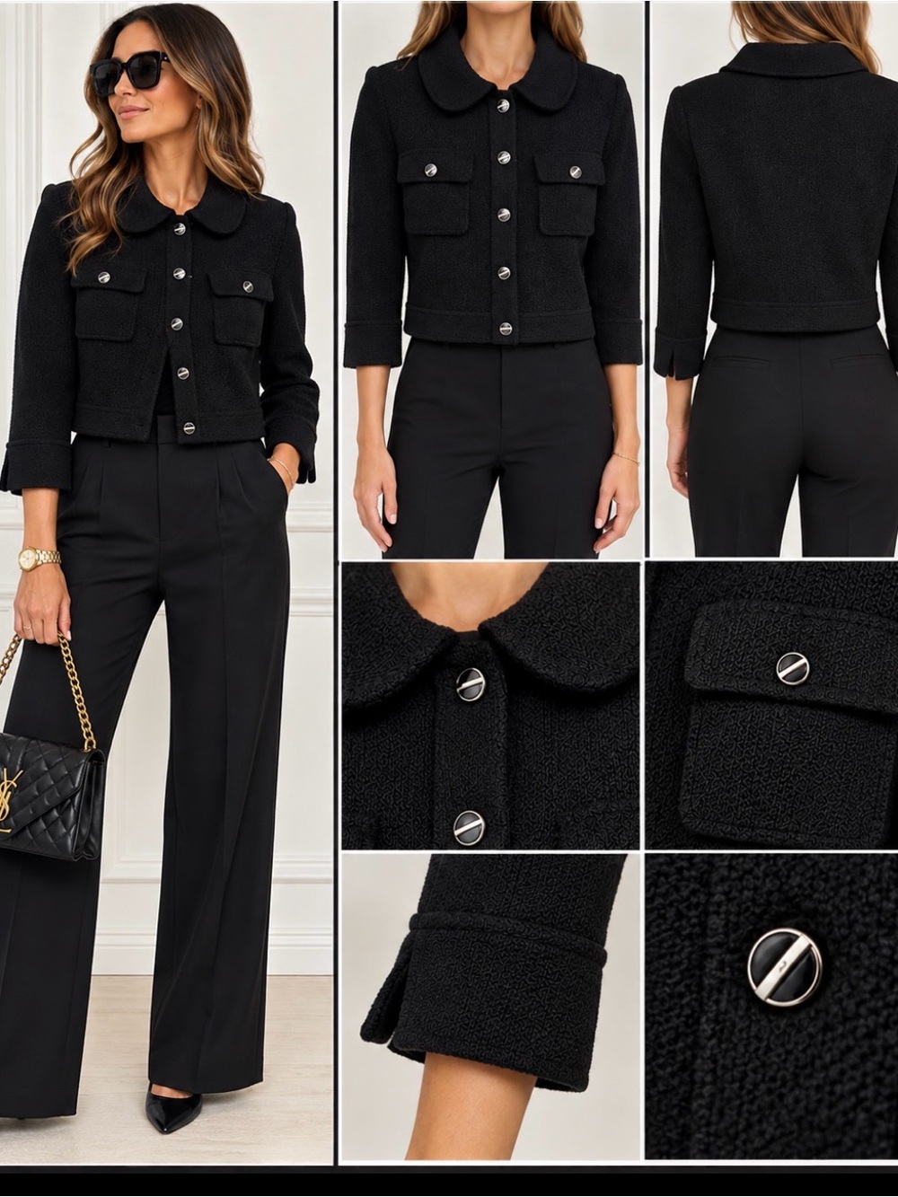 St. John Collection Black Cropped Bouclé Jacket with Silver Buttons